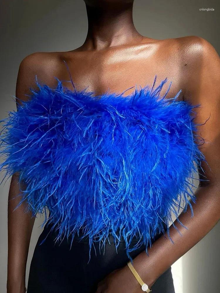 Womens Tanks 2024 Fur Feather Strapless Tube Tops For Women Party Fashion Bustier Cute Top Y2k Club Sexy Mini Fluffy Corset