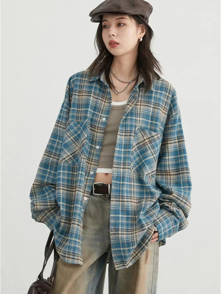 CHIC VEN Womens Cotton Shirt Single Chest Loose Retro Color Checkered Womens Shirt Autumn Spring 241115