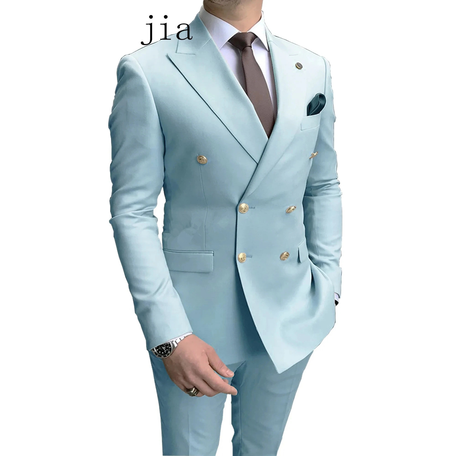2024 Casual Sky Blue Men Suits Double Brested Lapel Gold Button Groom Wedding Tuxedos 2 Pcs Blazers Jacket Pants Set 241115
