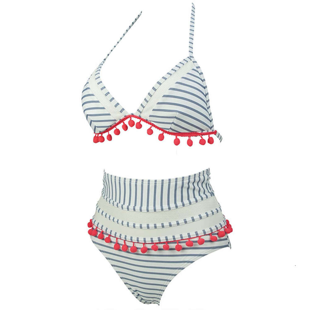 2024 High Waist Bikini Striped Plush Ball Swimsuit Split Two Piece Set F41650