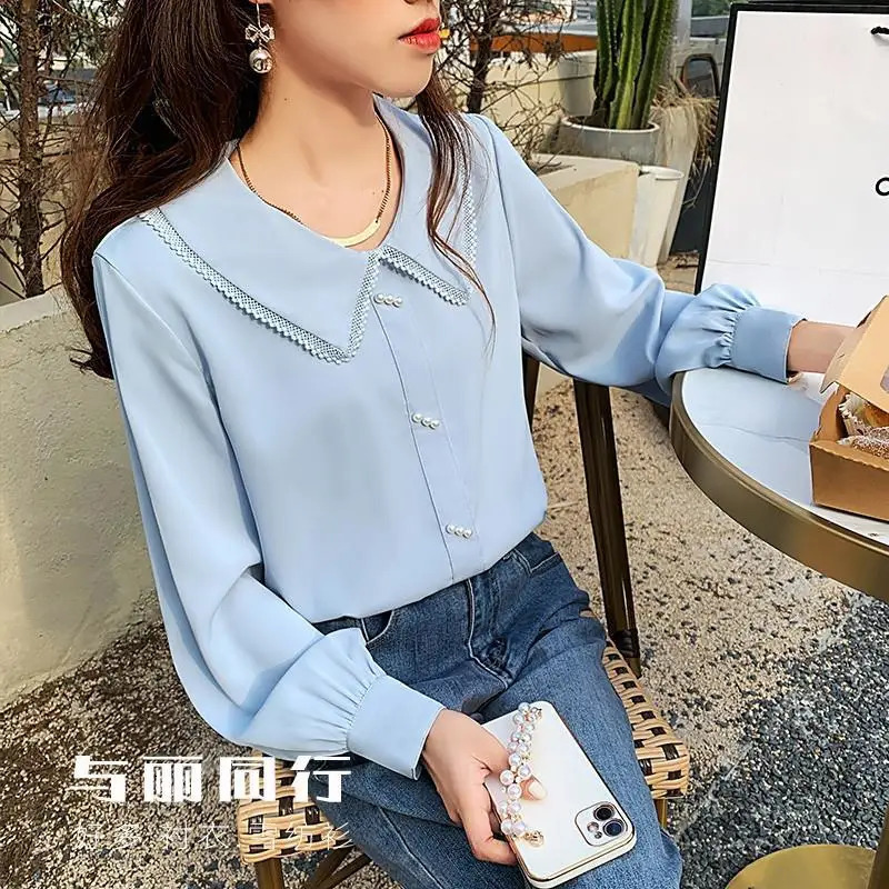 Spring and summer fashionable doll collar long sleeved shirt for womens street casual button down flower retro elegant full matching top 241115