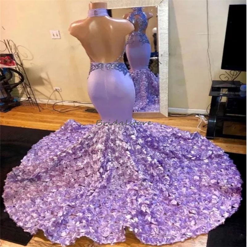 Mermaid Lilac Prom Dresses 2024 Beautiful Mermaid Black Girls Formal Dress 3D Rose Flowers African Women Evening Gowns Luxury Fifteen Birthday Female 