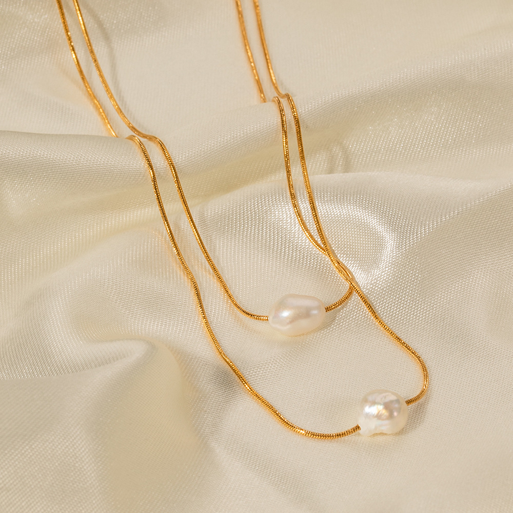 New Pearl Necklace for Women Plated 18k Gold Stainless Steel Inlaid with Freshwater Pearl Double Layer Non Fading Banquet Party Gift Jewelry
