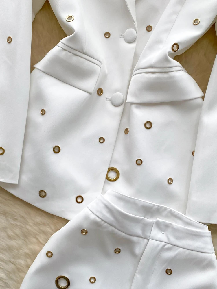 Womens Metal Buckle Jacket 2piece Set AutumnWinter Single breasted and High Waist Shining Pants Slim INKEO 4O084 241115