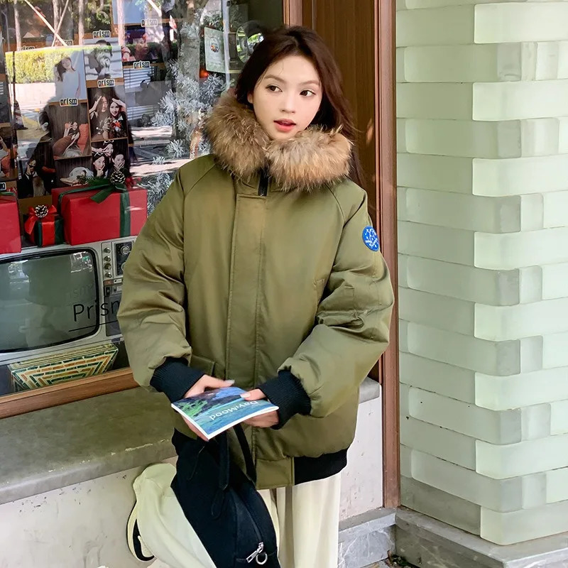 Fashionable Retro Womens Fur Collar Parker Cotton Coat Winter Style Casual Thick Warm Loose Jacket 241115