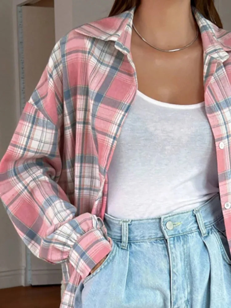 Deeptown long sleeved pink checkered shirt Korean style retro Y2k young womens shirt Harajuku fashion Japanese jacket 241115