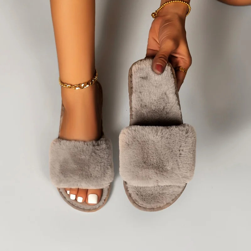 Fur Women Slippers Winter Fashion Plush Shallow Mouth Indoor Outdoor Flipflop Casual Bedroom Solid Color Slides Flat Shoes 241115