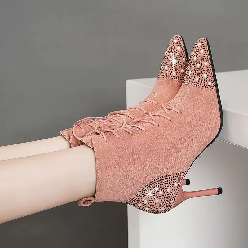 42 Crystal Chelsea Stiletto Shoes Ankle Womens Boots Sexy Pointed Toe Shoes Winter Trend Suede Lace Dress Botas Mujer 40 241115
