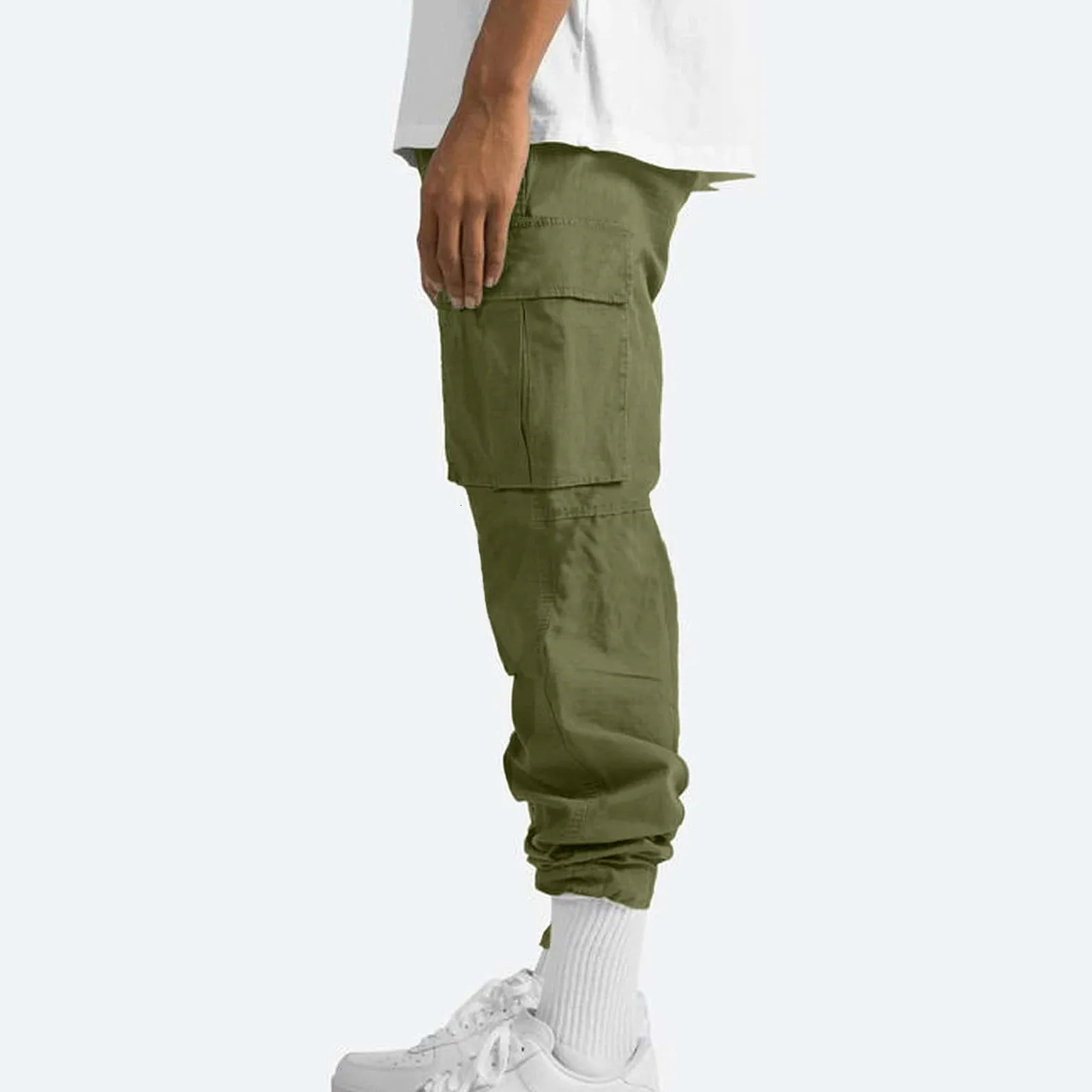 Mens cargo pants trend multi pocket Trouser solid color casual fashion sports cotton diagonal training 241115