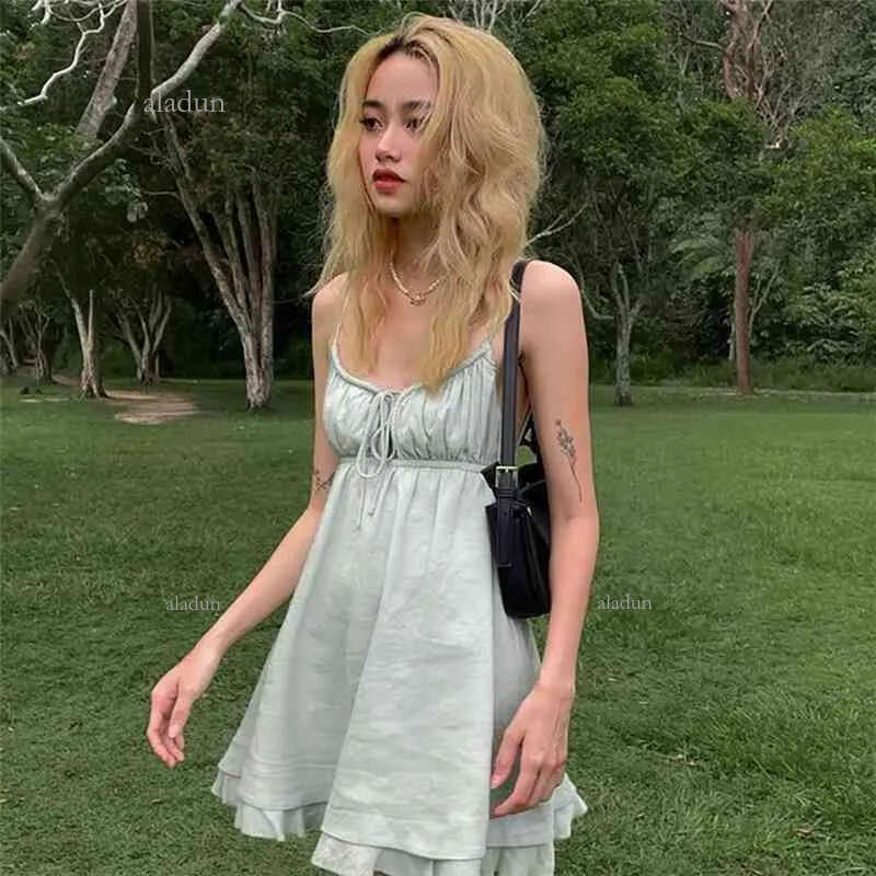 Mint Green Grunge Fairy Dresses Summer Spaghetti Strap Backless Sexy Sundresses Ruffles Strap Mini Dresses Women Clothes 210521