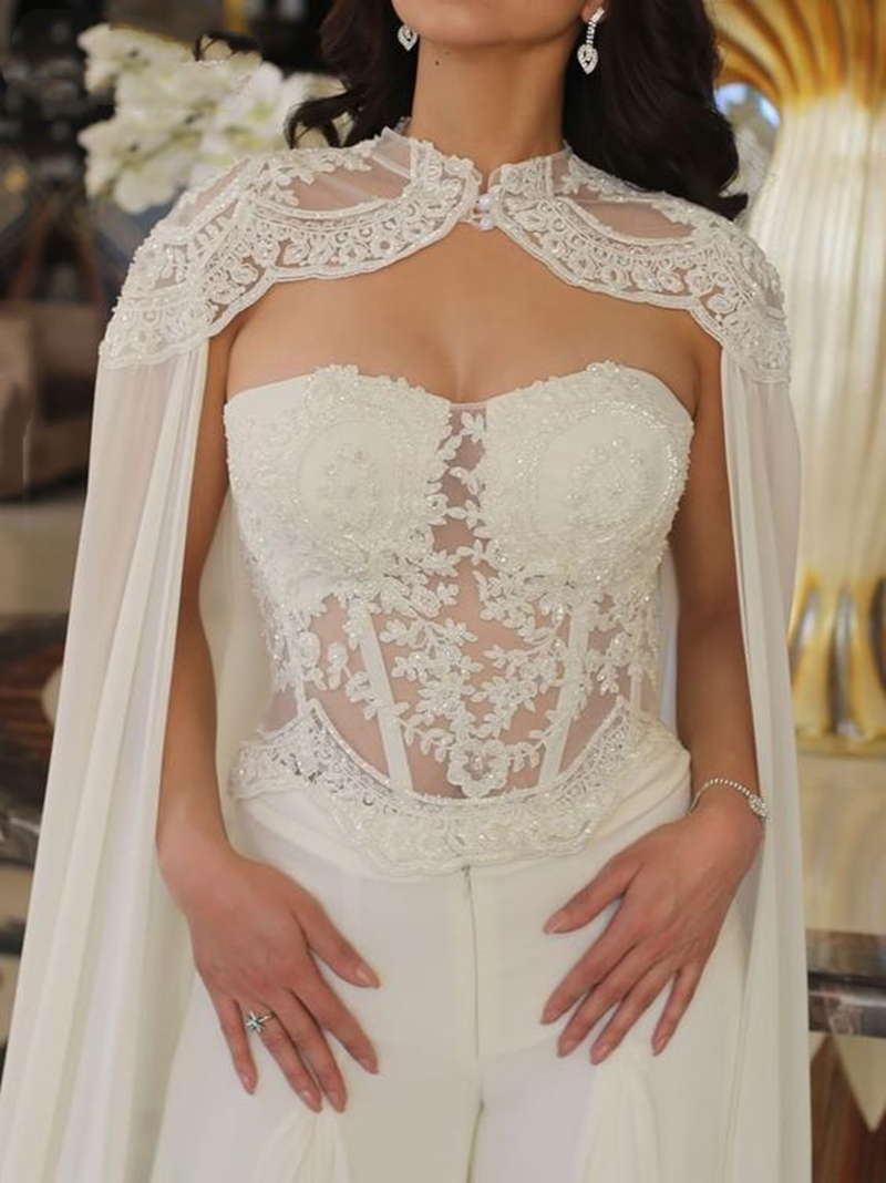 Elegant White Jumpsuits Evening Dresses With Long Wrap Lace Appliques Beaded Strapless Corset Pants Suit Prom Gown For Women Illusion Sexy Special Occ