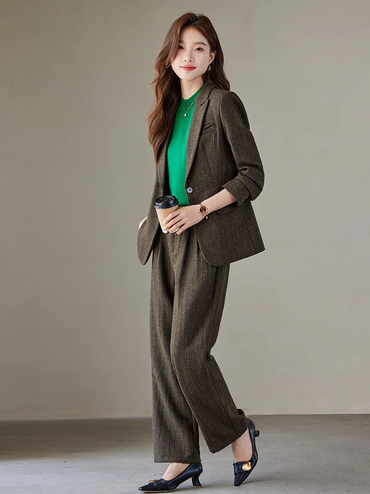 SpringSummer Fashion Wool Blended Jacket Trouser Two Piece Womens Elegant Casual Set Pants 241115