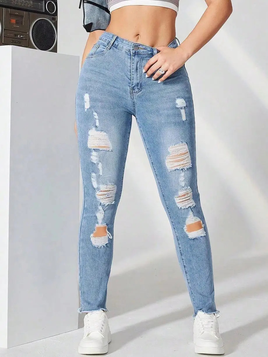 Casual Basics Denim Jeans Stretch Skinny Ripped Hole Washed Tapered Fashion Slim Fit Butt Lift Pencil Pants 241115
