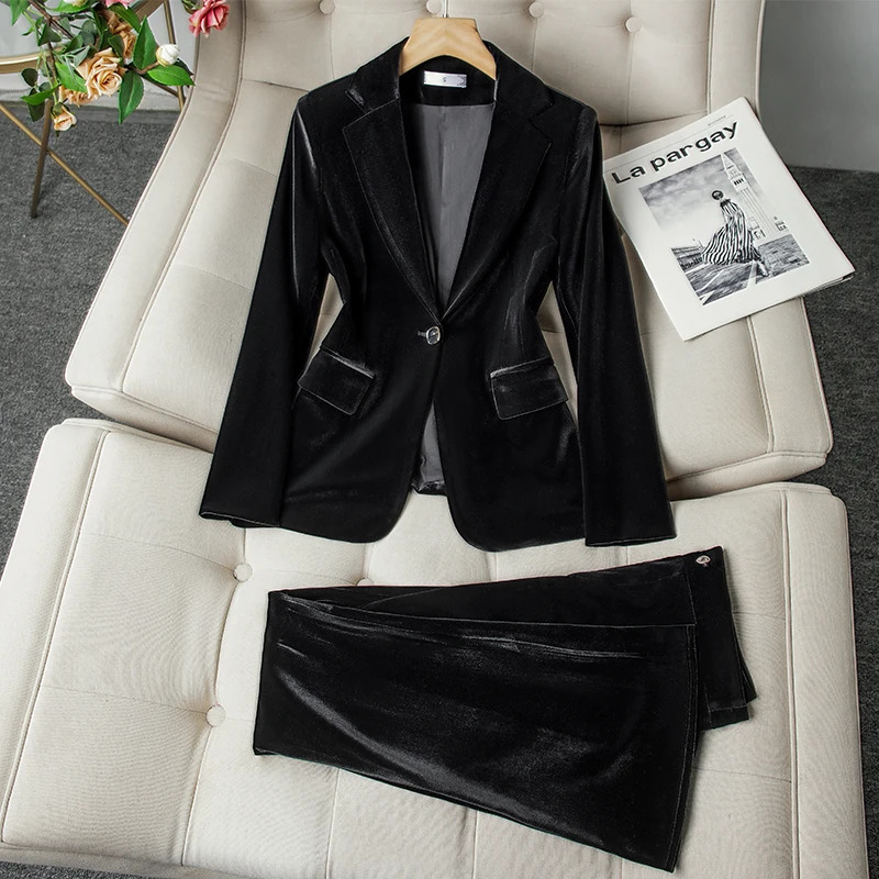 ZJYT Autumn Velvet Jacket Pants Set Two Piece Womens Elegant One Button Trouser Office Work Clothes 241115