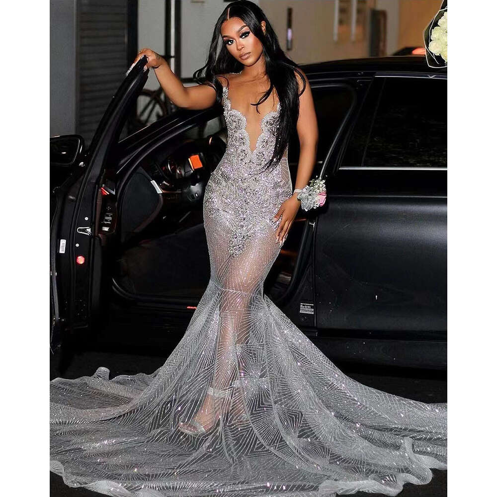 Sparkly Sier Sequin Prom Dress 2024 See Through Plus Size Dia Crystal Evening Gowns Black Women Formal Birthday 326