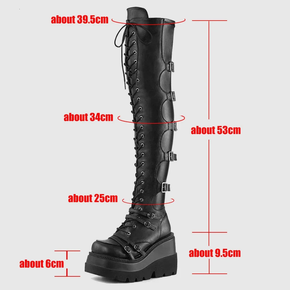 Punk Over-the-knee Boots Women Platform Heels Belt Buckle Boot Motorcycle Goth Shoe Thigh High Flat Boots Plus Size 42 43 241115