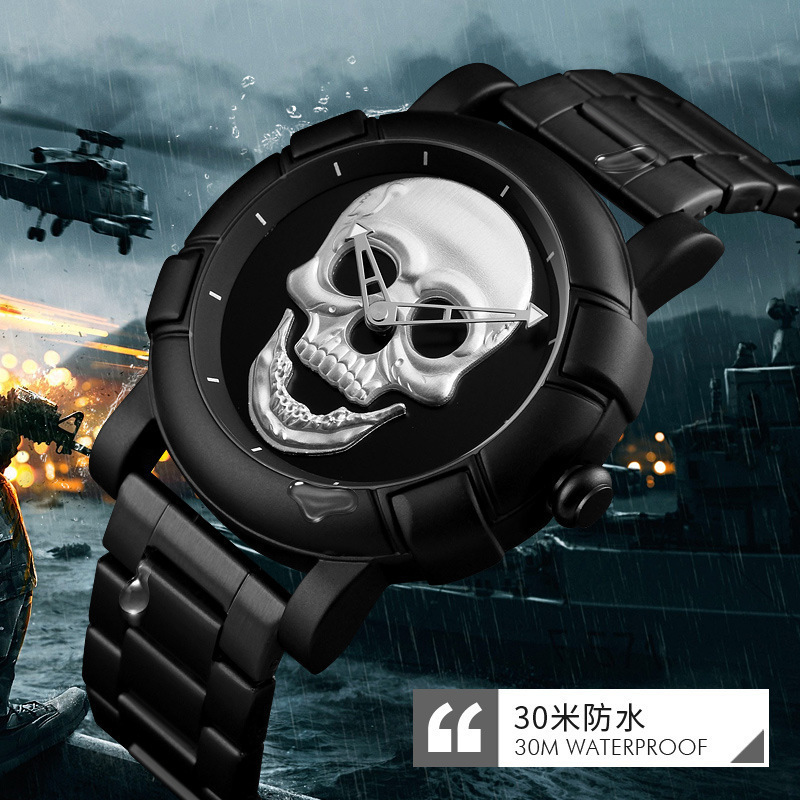 Fashion Men's Large Dial Personalized Skull Creative Steel Strap Quartz Waterproof Trend Dark Messenger Student Watch Thickness 11mm Dial Diamete