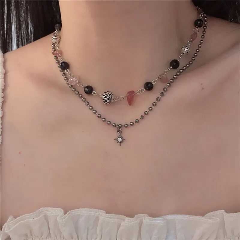 2 pieces of retro peace buckle pendant necklace natural stone bead chain necklace set womens Chinese style jewelry W250318
