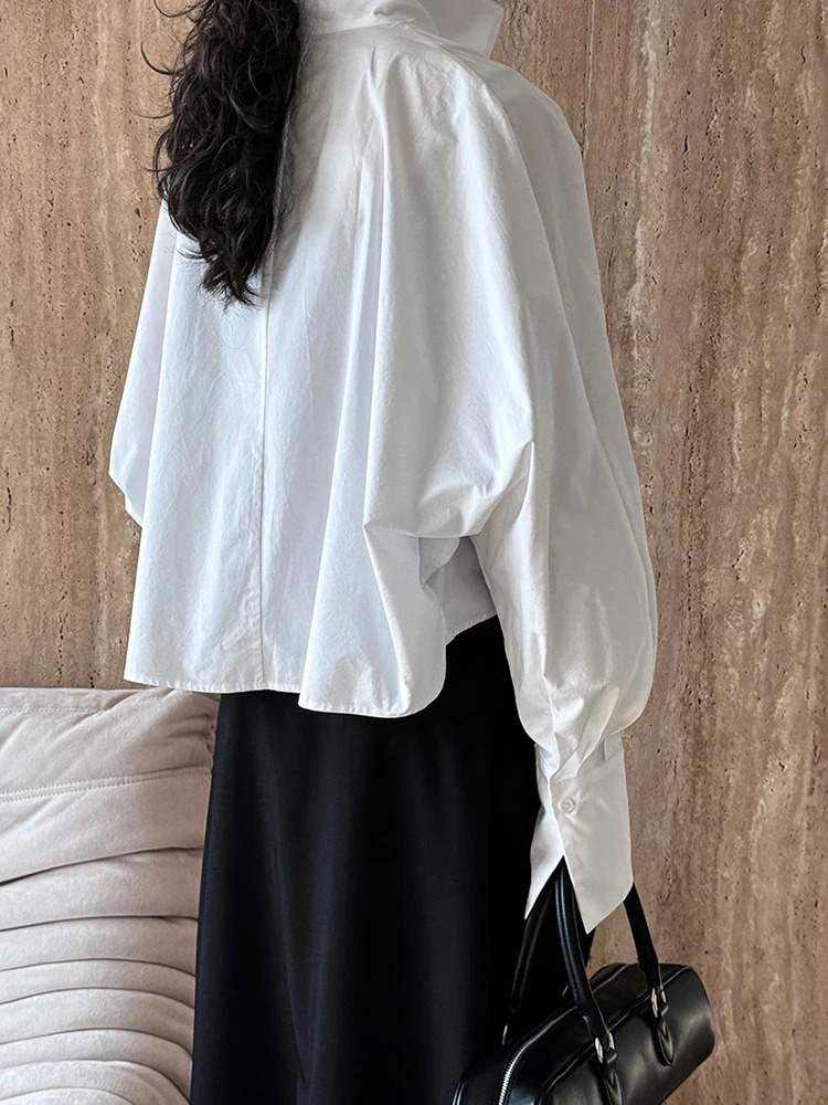 EAM Womens White Short Size Large Elegant Shirt V-neck Long Sleeve Fashion Trend Spring and Autumn 1DH4759 241115