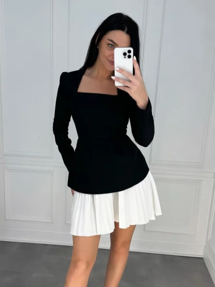 Fashion Patchwork Pleated Mini Dress Women Elegant Long Sleeve Velvet Christmas Party Dresses Female Chic Short Evening Vestidos 241116