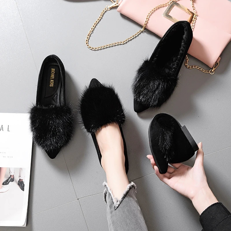 genuine leather mint fur leather shoes womens soft soled warm single shoes ballet dancer Mokasin wool sweater winter wool dot flat 241115