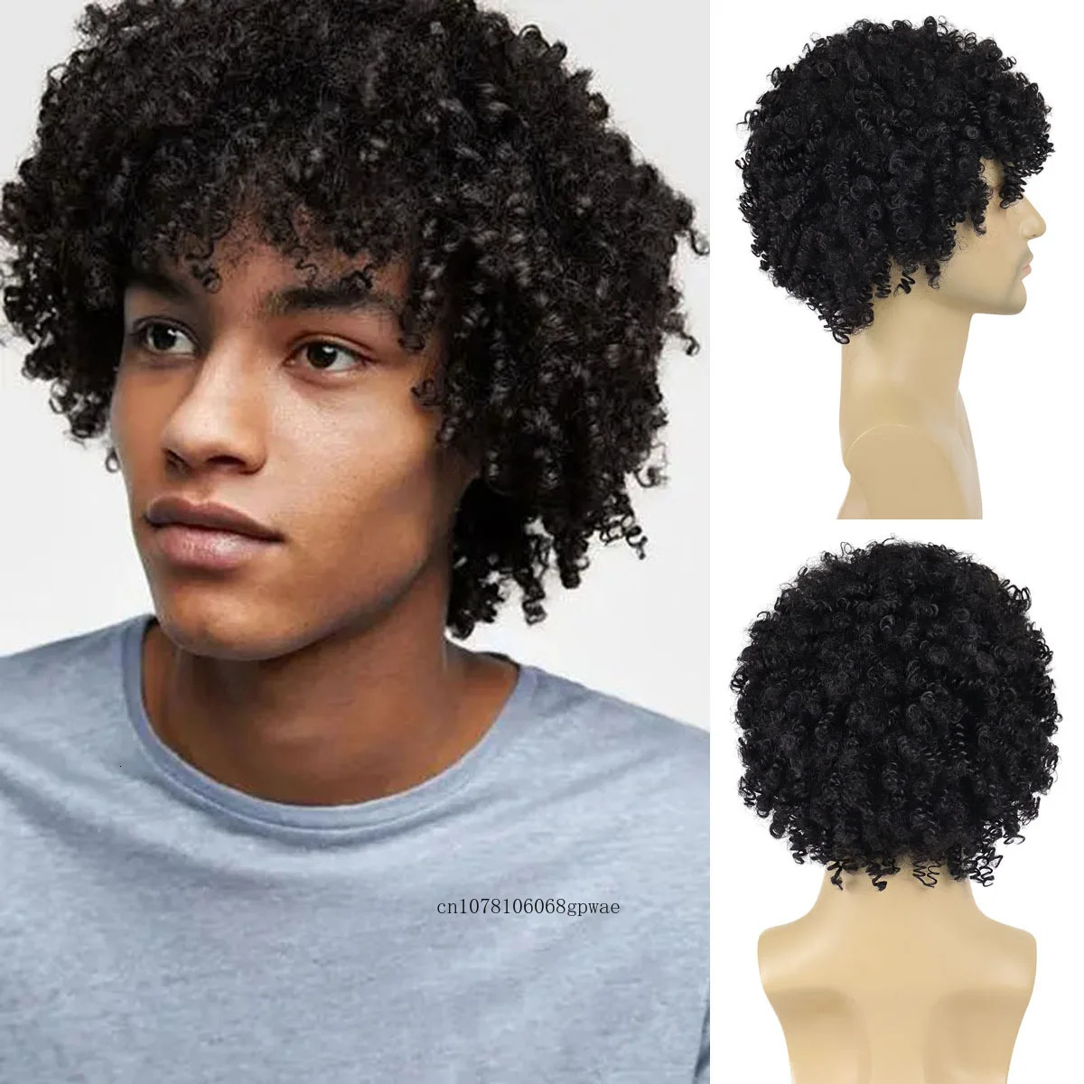 Natural Black Bouncy Curly Hair Synthetic Wigs for Men Short Kinky Curly Wig with Bangs Afro Wigs Man Cosplay Halloween Party 241115