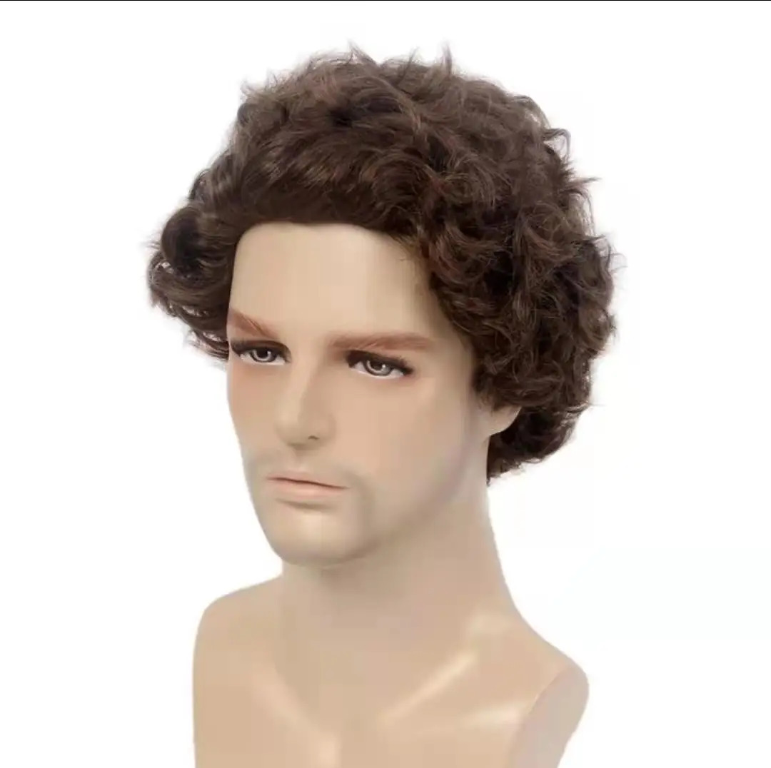 Short Curly Synthetic Natural Wave Wig With Bangs For Men Fiber Daily Wear Curly Fashion Male Wig High Temperature 241115