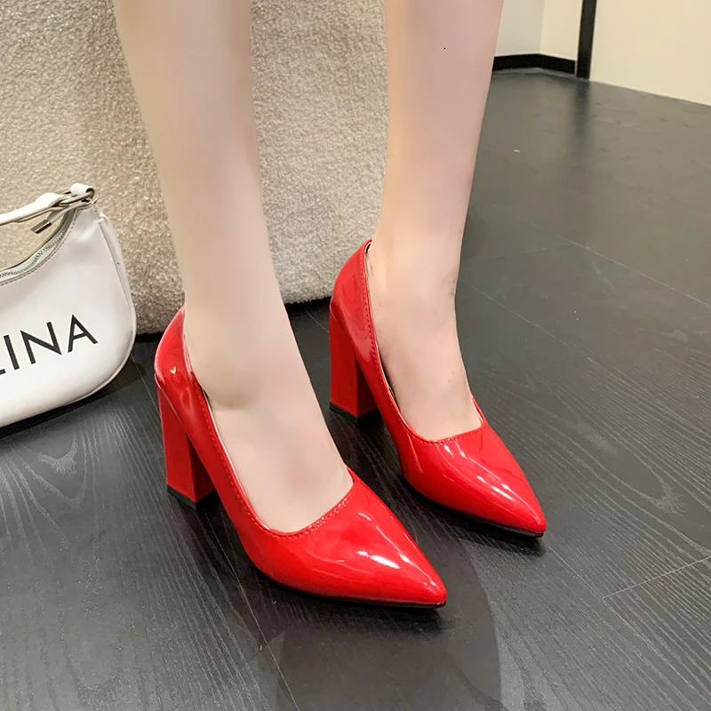 10cm high-heeled color pump womens toe fashionable red 3.9-inch thick high-heeled shoes patent leather womens Plus size 49 50 241115