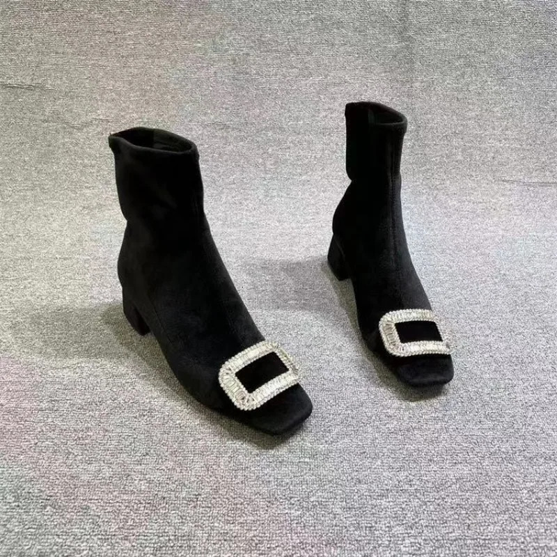 Womens ankle boots fashionable high heels spring and autumn rhinestone short suede winter er casual basic matching shoes 241115