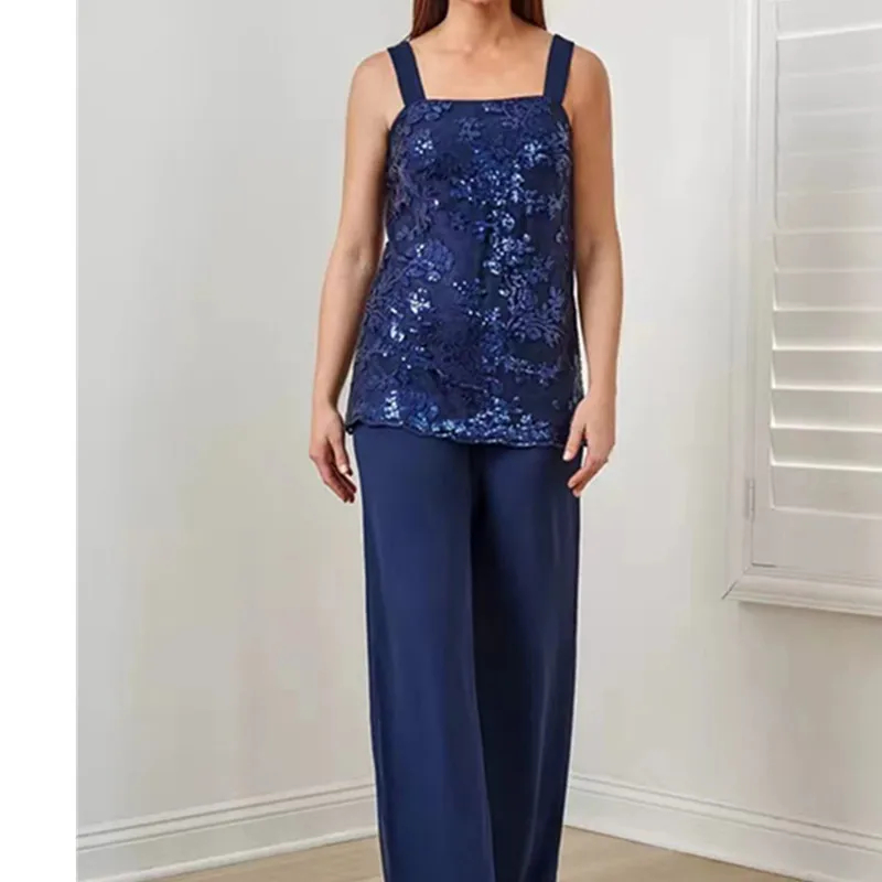 Dark Navy Chiffon Mother Of The Bride Pants Suits With Long Jacket Sequins Lace Appliques Three Pieces Wedding Guest Gown 2024 Elegant Plus Size Prom 