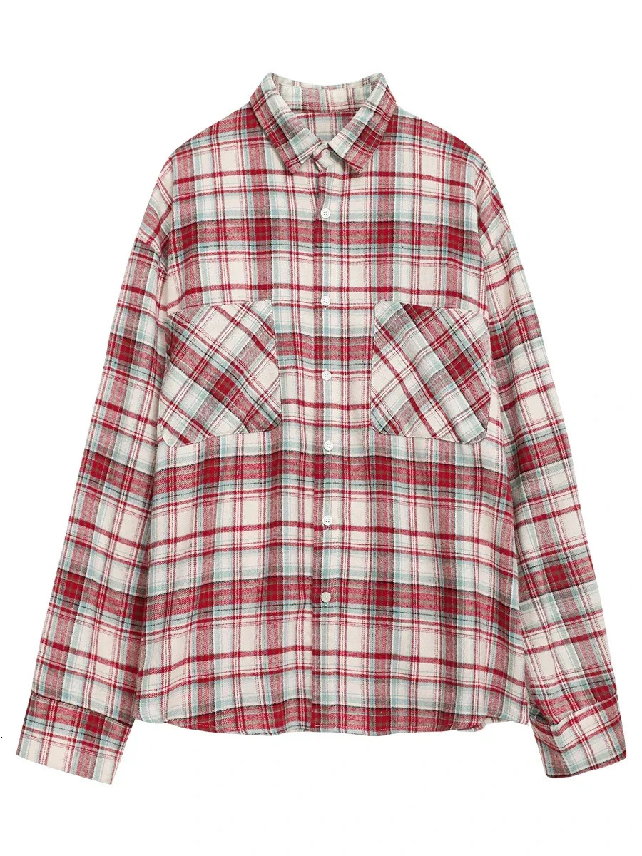 CHIC VEN Womens Cotton Shirt Single Chest Loose Retro Color Checkered Womens Shirt Autumn Spring 241115