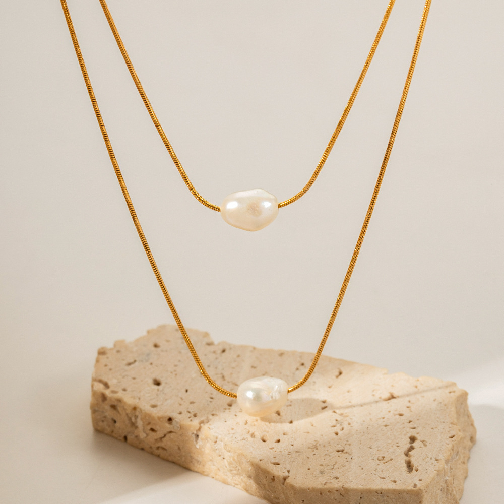 New Pearl Necklace for Women Plated 18k Gold Stainless Steel Inlaid with Freshwater Pearl Double Layer Non Fading Banquet Party Gift Jewelry
