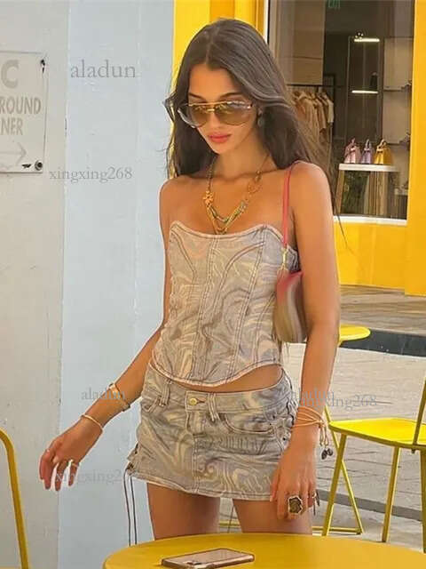 Two Piece Dress BOOFEENAA Y2k Streetwear Sexy Denim Set Tube Top and Low Waist Mini Skirt Women Summer Club Outfits C71FH49 230209