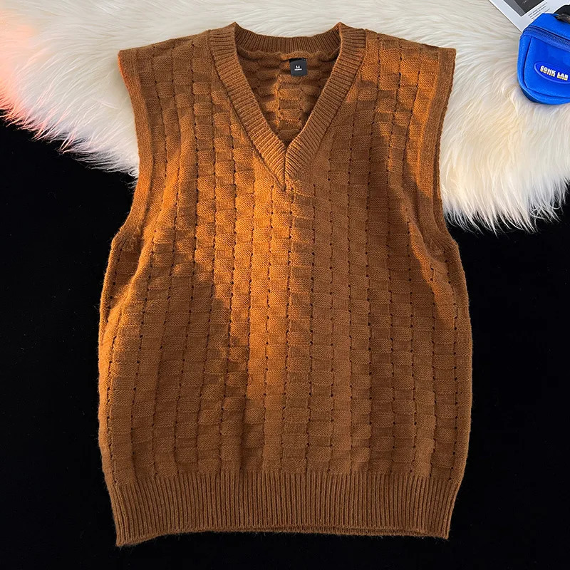 Simple Jacquard Horizontal Checkered Pattern Vest Cotton Soft Yarn Men Knitted Sweater Trendy Shoulder n VNeck Sweate 241115