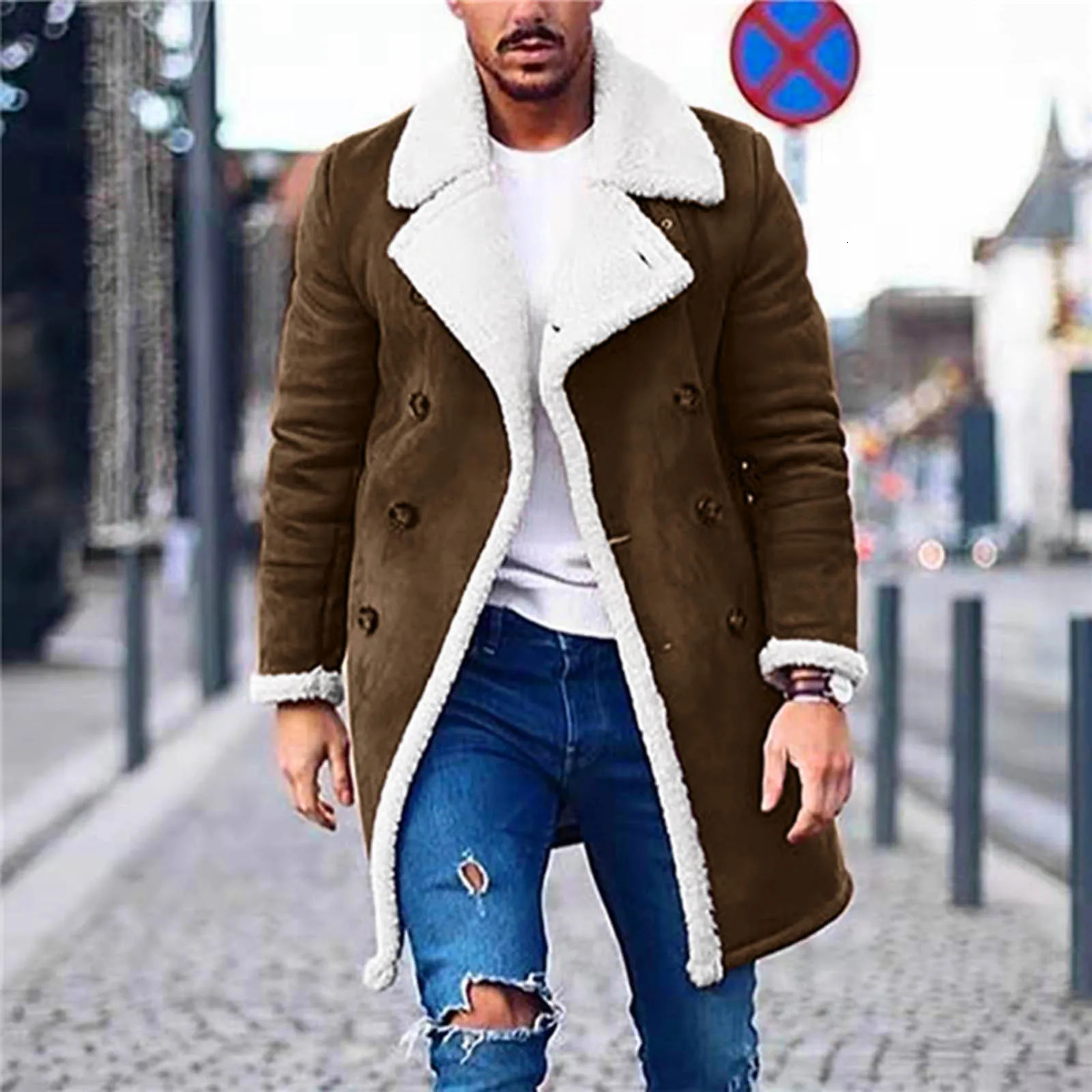Winter Faux Fur Jacket Plus Size Men Jackets Contrast Colors Turndown Collar Thicken Lambswool Suede Long Parka Coat 241108