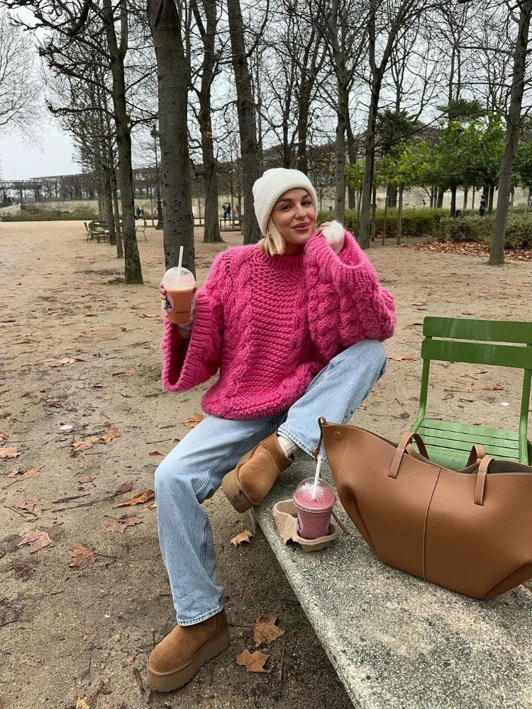 Extra large high neck knitted pullout womens lazy round neck twisted solid womens sweater autumn and winter warm womens sweater 241115