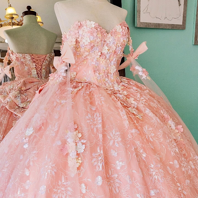 Pink Shiny Off The Shoulder Quinceanera Dresses Ball Gown Lace Applique Beaded Tull With Cape Corset Sweet 16 Dress Vestido De 15 Anos