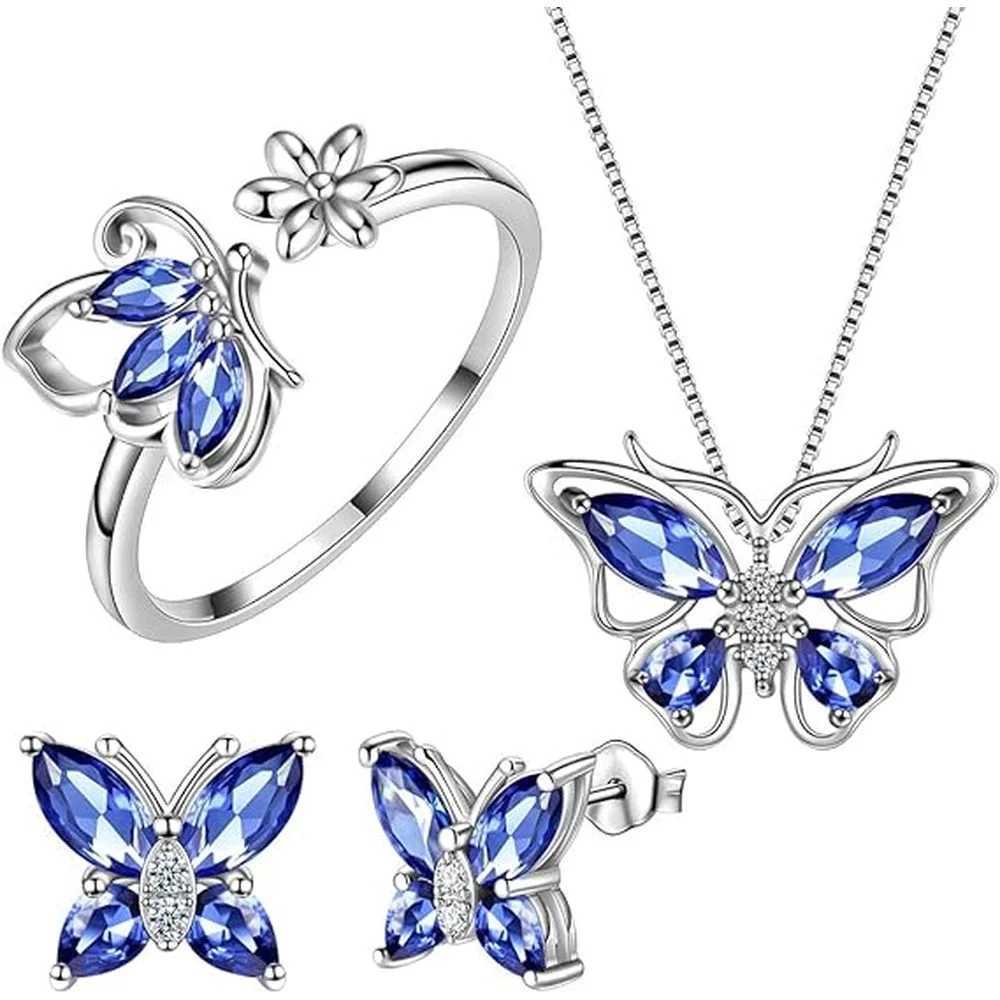 Butterfly Birth Stone Pendant Necklace/Earrings/Rings Wedding Anniversary Gift Jewelry Set X241116