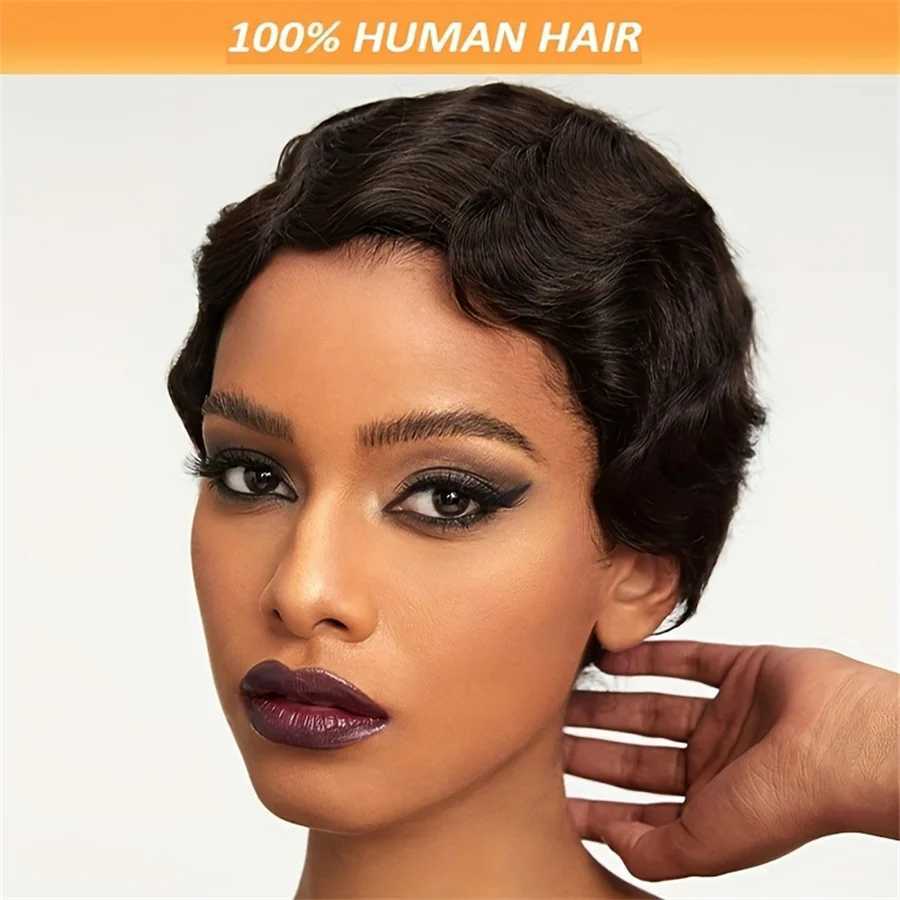 Man made Remy Hair for Women Daily Using Short Finger Wave e Cut Human Hair Wig 4 inches Natural Black 150% Density W241116