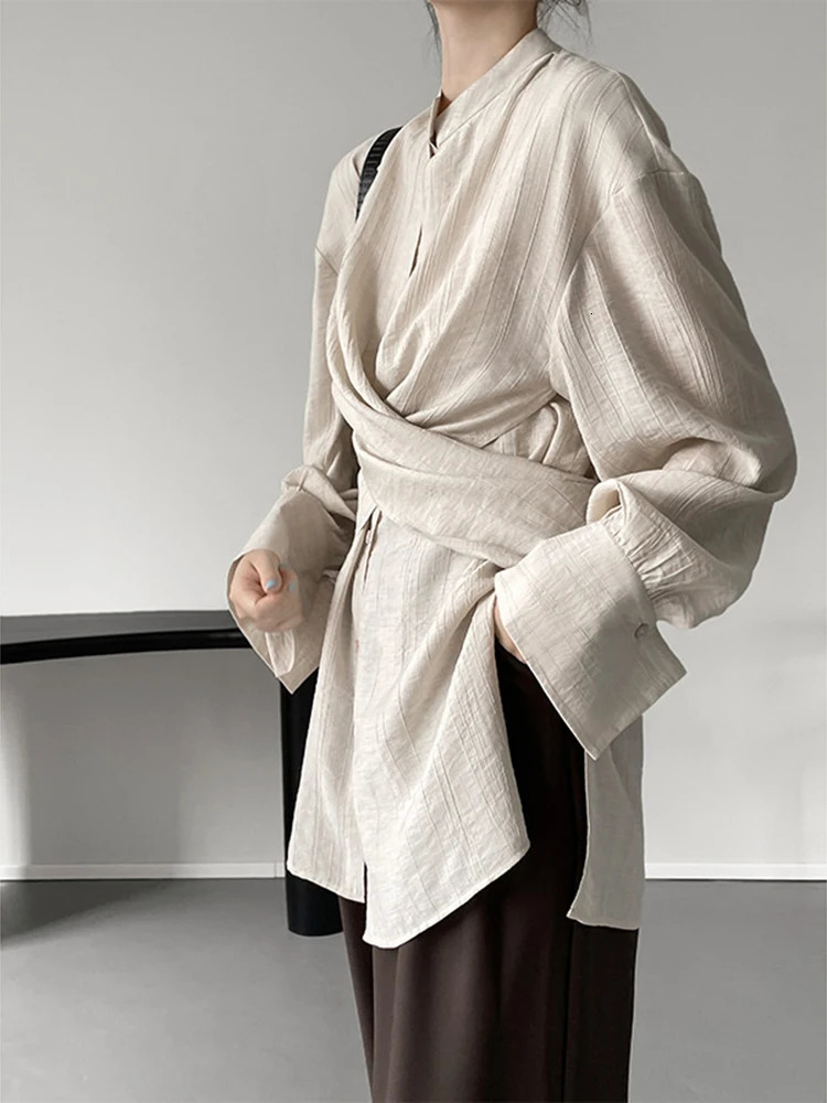 Home>Products>Womens Almond Cross Bandage Shirt> Stand up Long Sleeve Loose Fit Shirt>Fashion Trend Spring and Autumn 1DF1552 241115