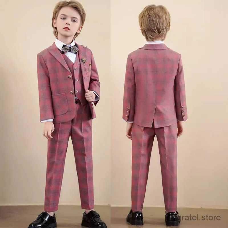 Suits Children Red Jacket Vest Pants 3PCS Photograph Suit Boys Wedding Dress Prince Kids Tuxedo Set Teenager Birthday Party Costume