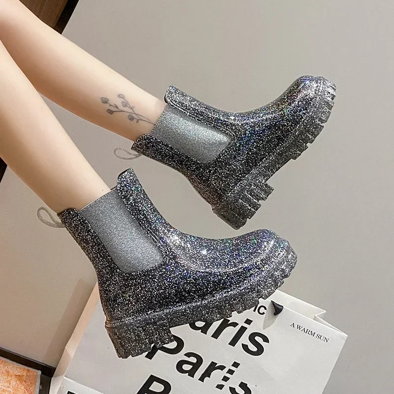 Womens Shiny Color Fashion Rain Boots Four Seasons Wearable Water Shoes Ladies Outdoor Waterproof Midtube Ankle Boots 241115