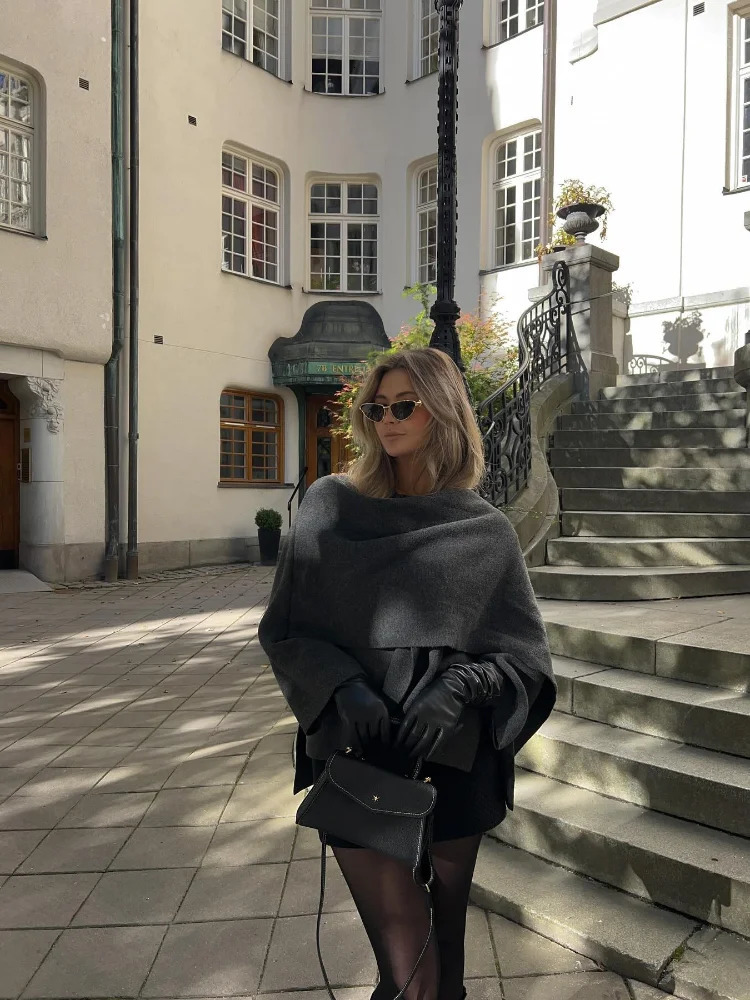 Women Fashion Scarf Decorated Woolen Jacket Casual Solid Long Sleeve Loose Warm Overcoat 2024 Autumn Winter Lady Chic Coat 241108