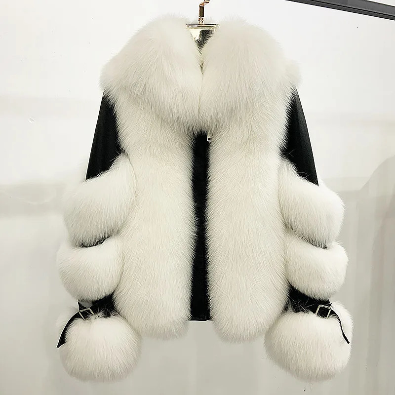 Maylofuer Women Real Fox Fur Coat Genuine Sheepskin Leather Jacket Long Sleeve 100% Natural Coats with Detachable Collar 241116