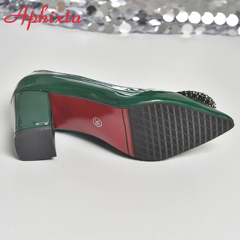 Aphixta Shiny Large Crystal Round Buckle 7cm Thick High Heel Pump Womens Shoes Dark Green Fashion Casual Corner Toe Pump 241115