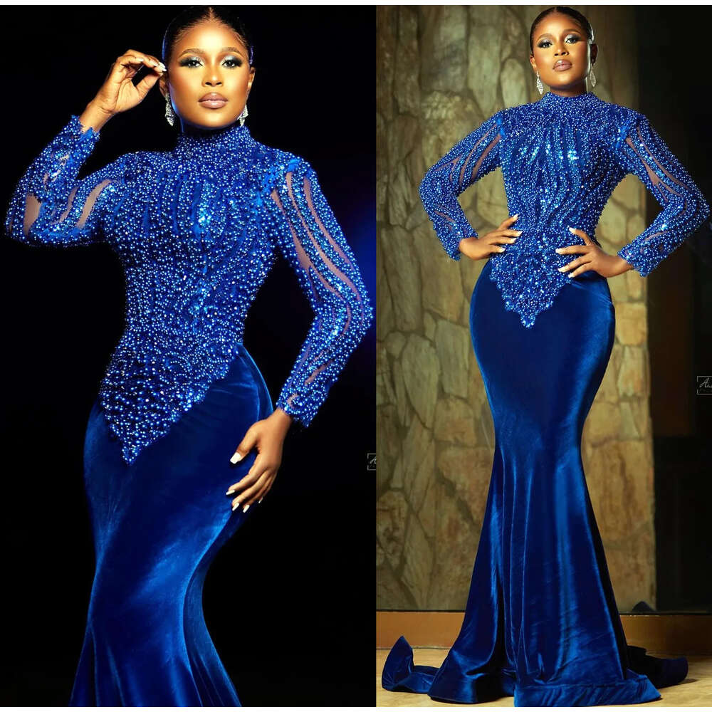 Ao Ebi Royal Lue Mermaid Prom Dre Eaded Sequined Lace Evening Formal Party Second Reception Irthday Engagement Gown Dree Robe De Soiree Zj355 6660311