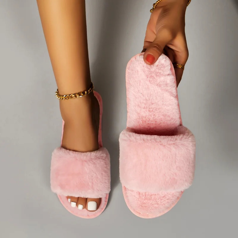 Fur Women Slippers Winter Fashion Plush Shallow Mouth Indoor Outdoor Flipflop Casual Bedroom Solid Color Slides Flat Shoes 241115