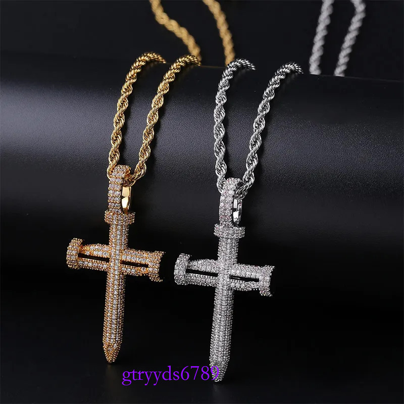 Fashion- & White Gold Bg Cubic Zirconia Nail Cross Pendant Necklace Couples Iced Out Valentine Day Hip Hop Jewelry Gifts for Lovers