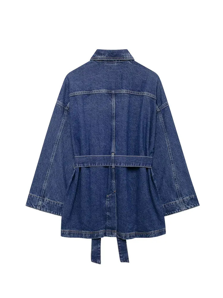 TRAF Autumn Retro Denim Jacket Womens Loose Waist Belt Strap Mid length Denim Jacket Y2k Street Casual Chic Top 241115