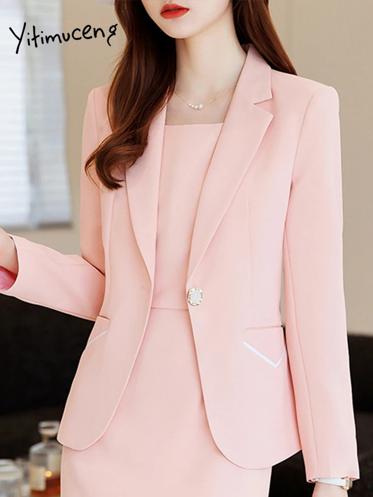 Yitimuceng Women Elegant Office Dress Set Slim Fit Fashionable Monochromatic Single Button 2 Pcs 241115
